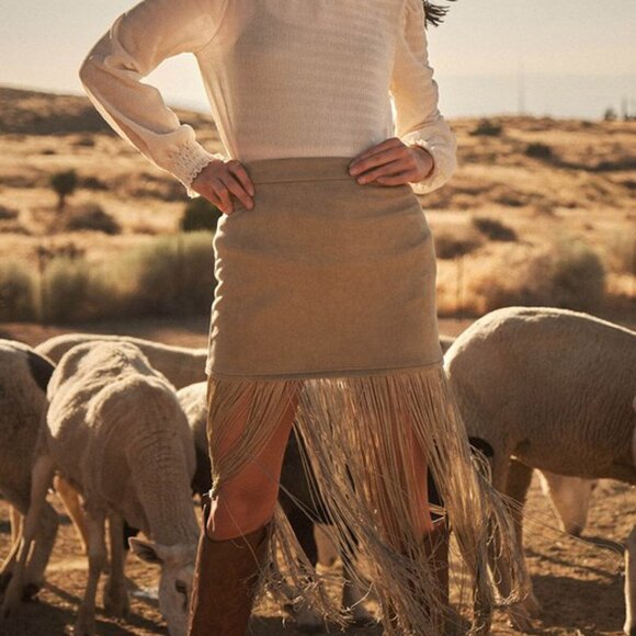 Stretch Faux Suede Fringe Detail Mini Sage Green - Picture 7 of 13